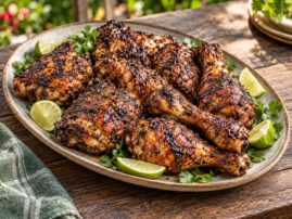 Grilled jerk chicken pieces with charred spices, lime wedges and cilantro