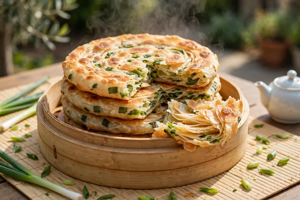 Scallion pancakes, cong you bing, flaky and golden from the griddle.