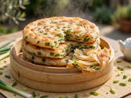 Scallion pancakes, cong you bing, flaky and golden from the griddle.