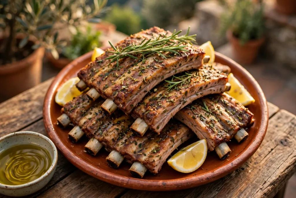 Costine di maiale, Italian grilled pork ribs with rosemary, fennel, and lemon.