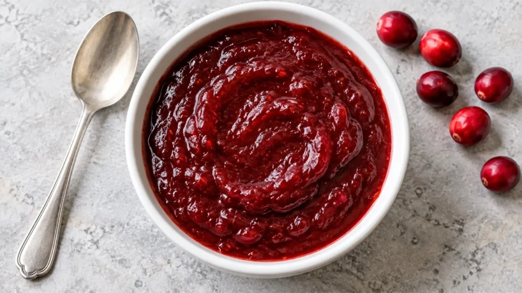 Deep red cranberry barbecue sauce in a white bowl with a spoon and fresh cranberries alongside.