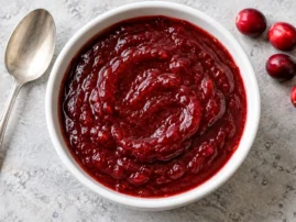 Deep red cranberry barbecue sauce in a white bowl with a spoon and fresh cranberries alongside.