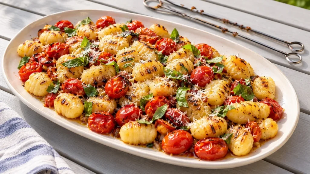 Crispy grilled gnocchi skewers with blistered tomatoes and basil.
