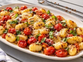 Crispy grilled gnocchi skewers with blistered tomatoes and basil.