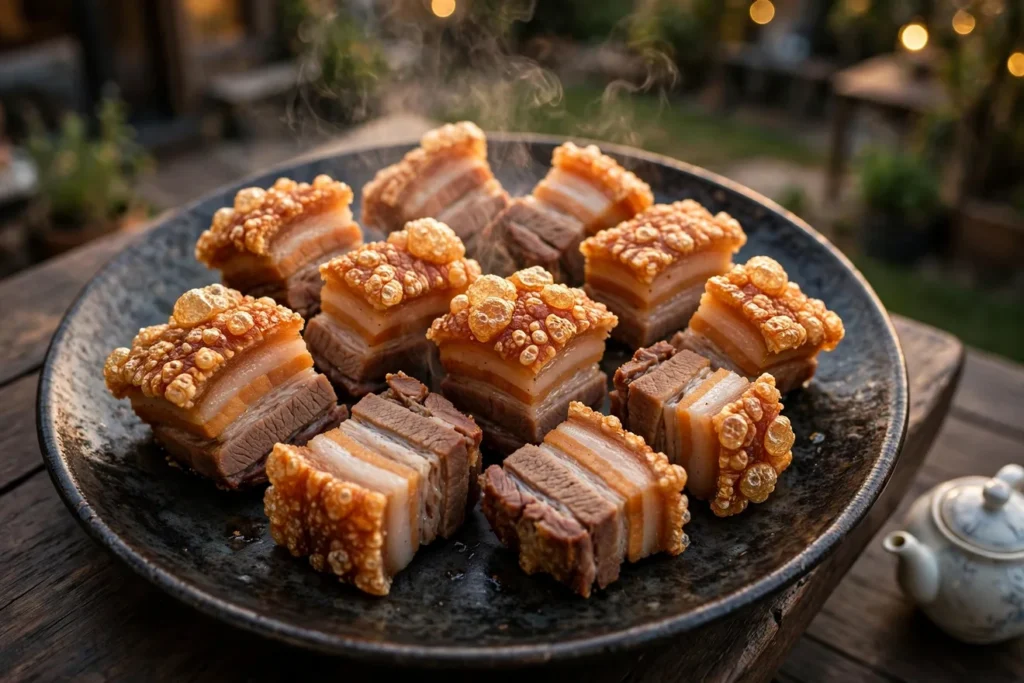 Crispy pork belly, siu yuk-style, with blistered crackling skin and five-spice meat.