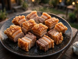 Crispy pork belly, siu yuk-style, with blistered crackling skin and five-spice meat.