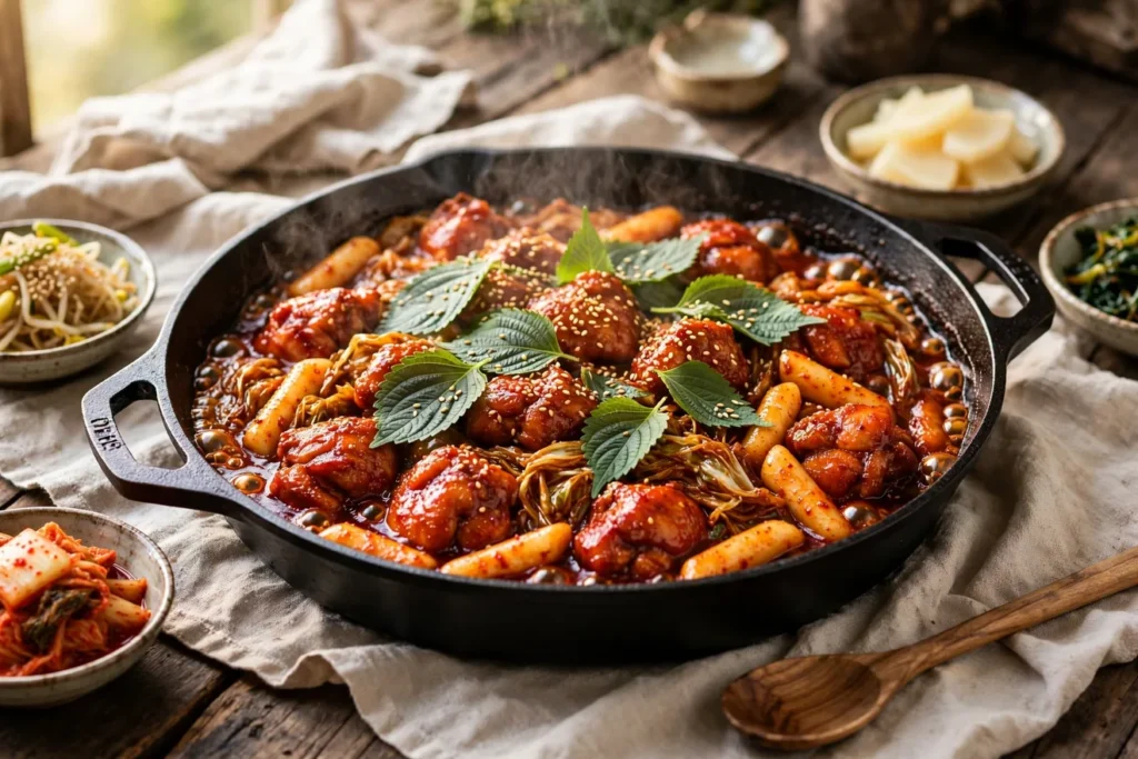 Dak galbi, Korean spicy grilled chicken, with cabbage and rice cakes in cast iron.