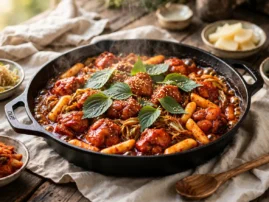 Dak galbi, Korean spicy grilled chicken, with cabbage and rice cakes in cast iron.