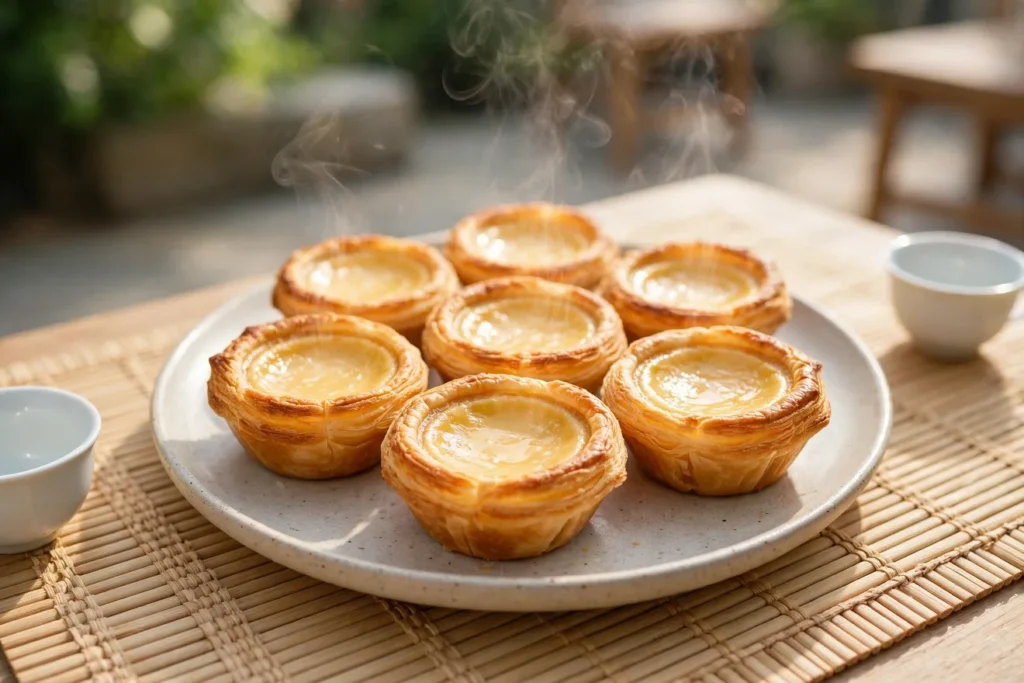 Egg custard tarts, dan ta, with flaky pastry and silky custard, grill-baked in cast iron.