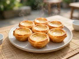Egg custard tarts, dan ta, with flaky pastry and silky custard, grill-baked in cast iron.