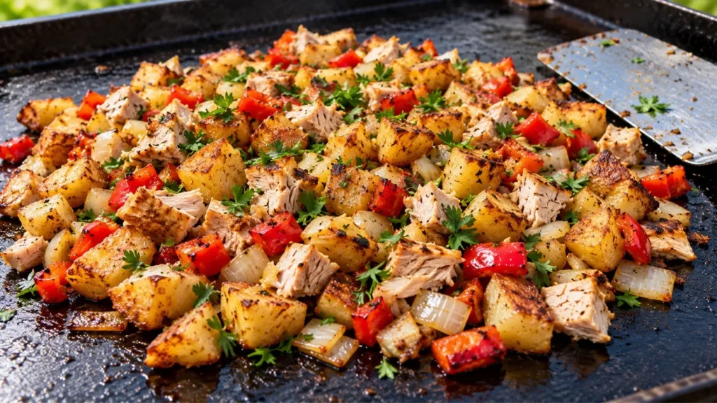 Turkey hash with browned potatoes, red bell peppers, onions and parsley on a flat-top griddle.