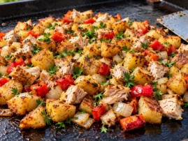 Turkey hash with browned potatoes, red bell peppers, onions and parsley on a flat-top griddle.