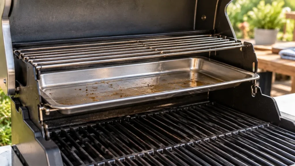 Stainless steel drip pan set inside a gas grill beneath the warming rack, catching drippings