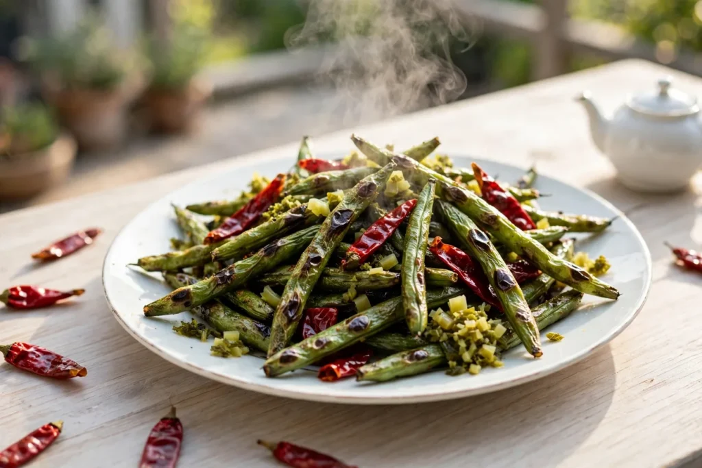 Dry-fried green beans, gan bian style, blistered in cast iron with chiles.
