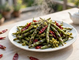 Dry-fried green beans, gan bian style, blistered in cast iron with chiles.