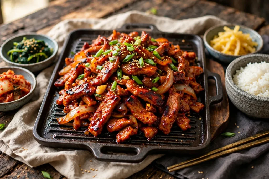 Dwaeji bulgogi, spicy Korean pork bulgogi, seared on a griddle with scallions.