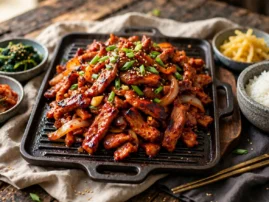 Dwaeji bulgogi, spicy Korean pork bulgogi, seared on a griddle with scallions.