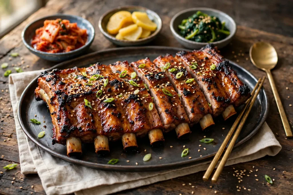 Dwaeji galbi, Korean grilled pork ribs, with a pear-soy glaze.