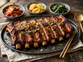 Dwaeji galbi, Korean grilled pork ribs, with a pear-soy glaze.
