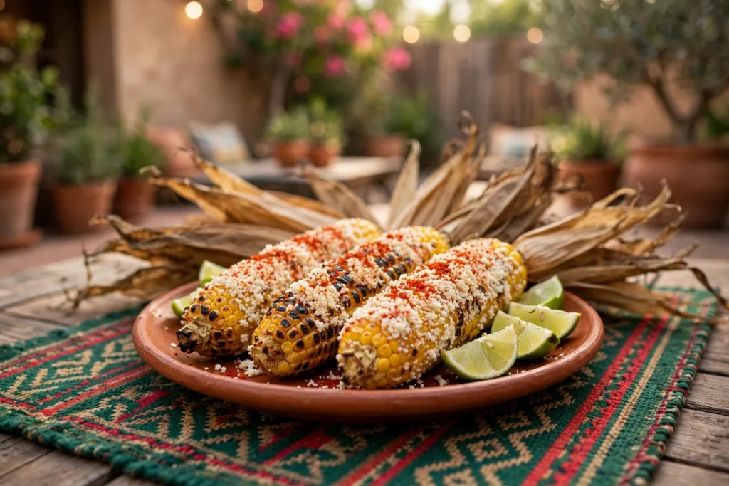 Elote, Mexican street corn with cotija, chile powder, and lime.