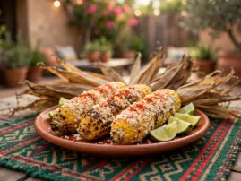 Elote, Mexican street corn with cotija, chile powder, and lime.