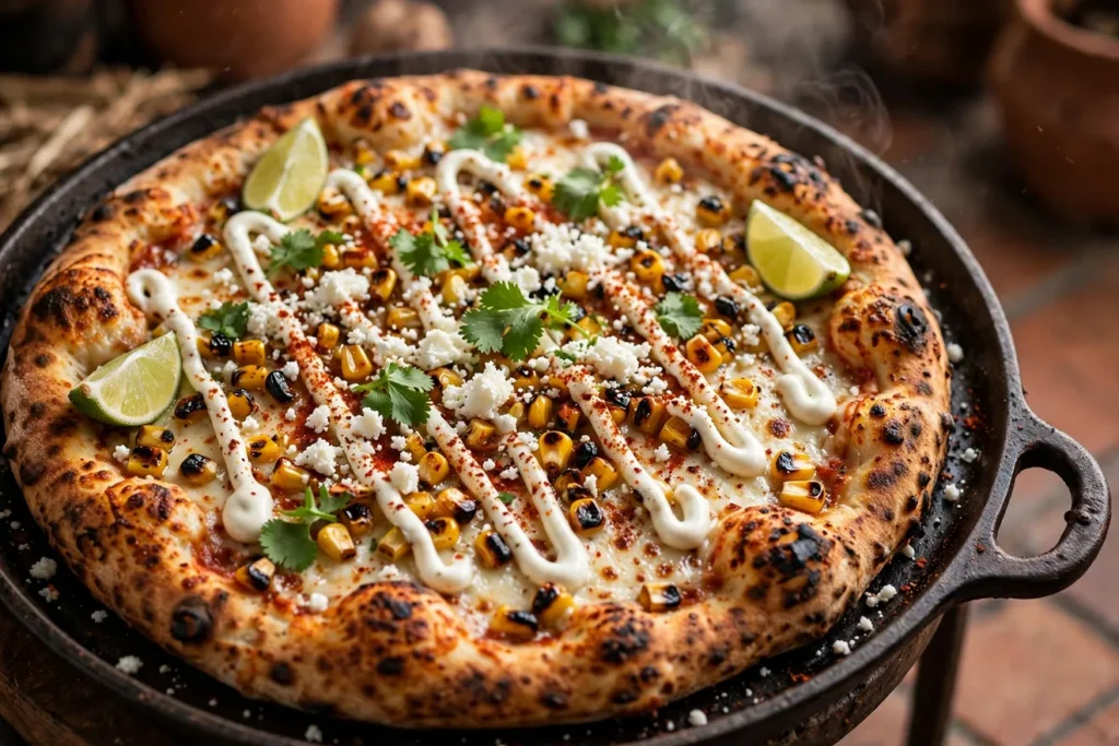 Elote pizza with charred corn, cotija cheese, crema, and lime.