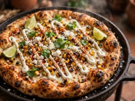 Elote pizza with charred corn, cotija cheese, crema, and lime.