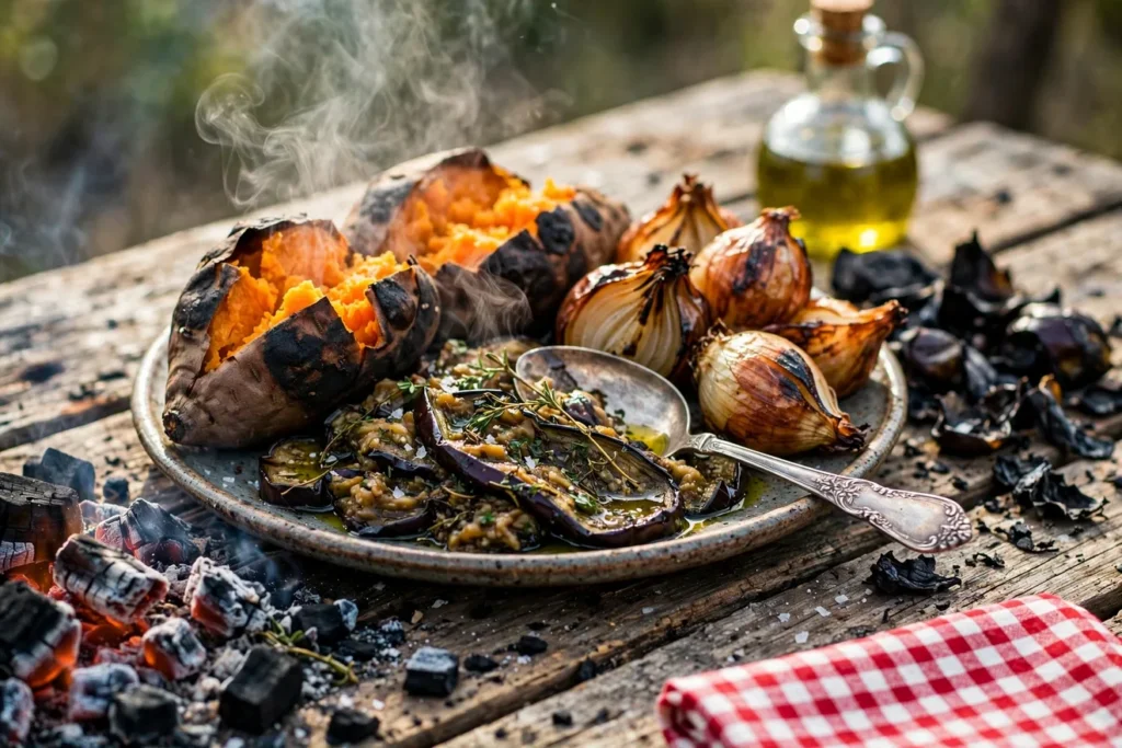 Ember-roasted sweet potatoes, onions, and eggplant dressed with olive oil and herbs, a vintage silver serving spoon resting in the eggplant, coals glowing at the edge.