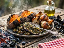 Ember-roasted sweet potatoes, onions, and eggplant dressed with olive oil and herbs, a vintage silver serving spoon resting in the eggplant, coals glowing at the edge.
