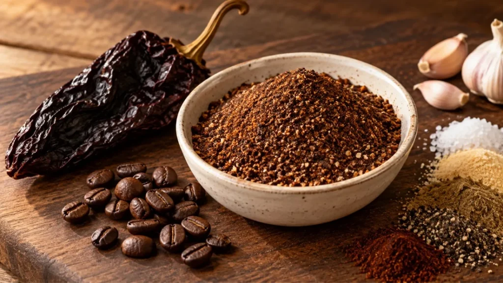 Espresso ancho beef rub in a bowl with coffee beans and a dried ancho chile