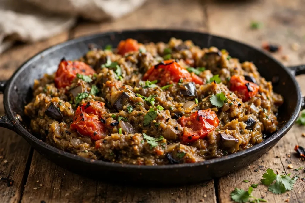 Fire-roasted baingan bharta with tomatoes and cilantro.