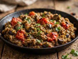 Fire-roasted baingan bharta with tomatoes and cilantro.
