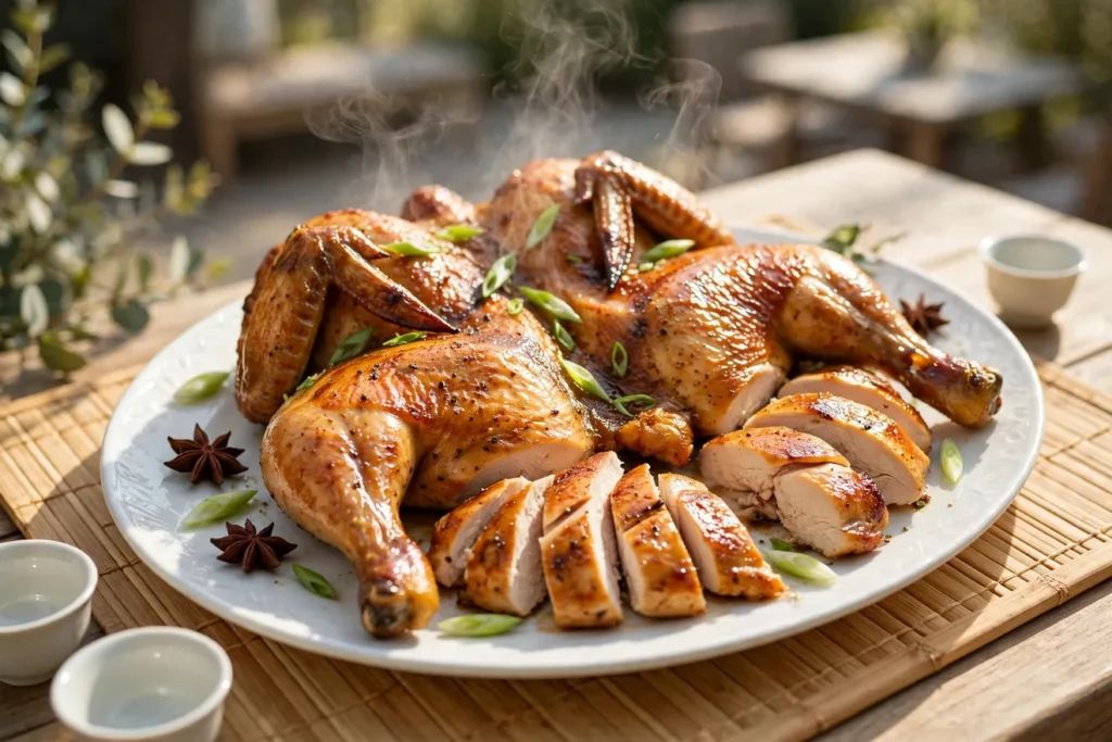 Five-spice grilled chicken with crisp skin and a honey-soy baste, carved.