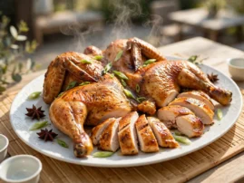 Five-spice grilled chicken with crisp skin and a honey-soy baste, carved.