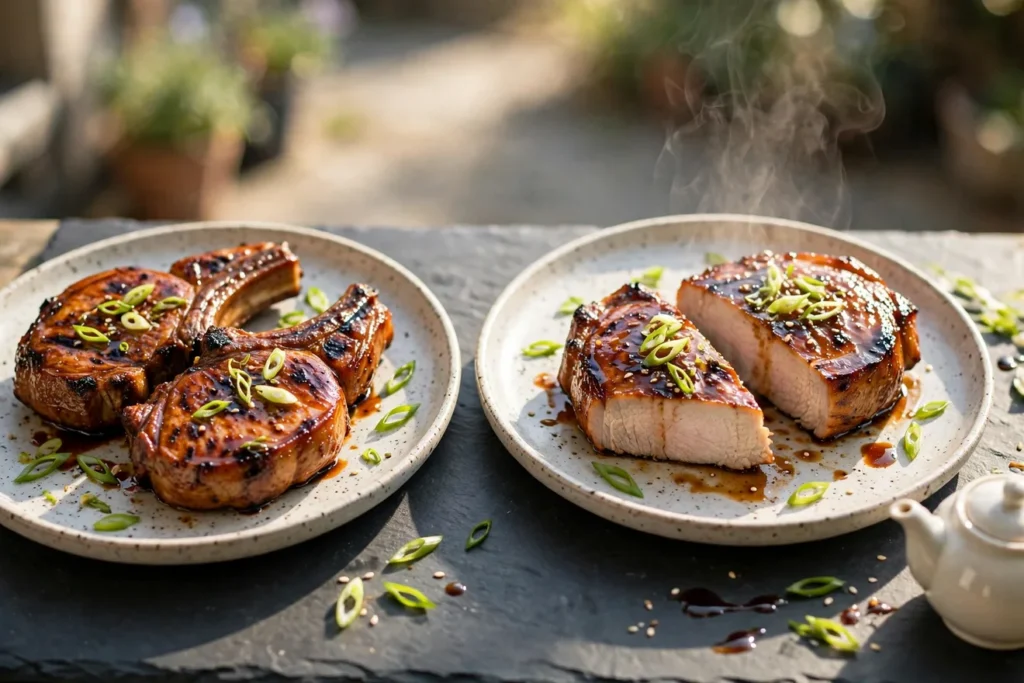 Five-spice grilled pork chops with a caramelized soy crust and scallions.
