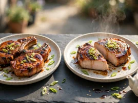 Five-spice grilled pork chops with a caramelized soy crust and scallions.