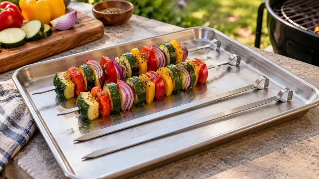 Flat metal skewers on a tray, two loaded with vegetable kabobs and two empty