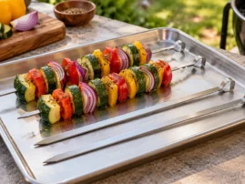 Flat metal skewers on a tray, two loaded with vegetable kabobs and two empty
