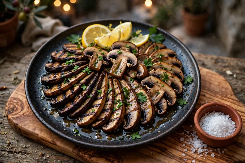 Funghi alla griglia, grilled portobello and porcini mushrooms with garlic and herbs.
