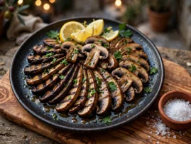 Funghi alla griglia, grilled portobello and porcini mushrooms with garlic and herbs.