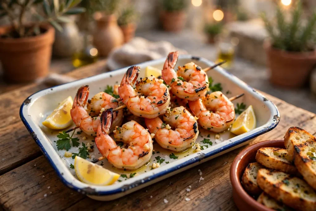 Gamberi alla griglia, Italian grilled shrimp with garlic, lemon, and parsley.