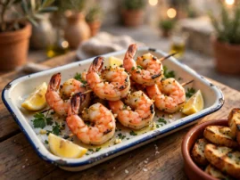 Gamberi alla griglia, Italian grilled shrimp with garlic, lemon, and parsley.