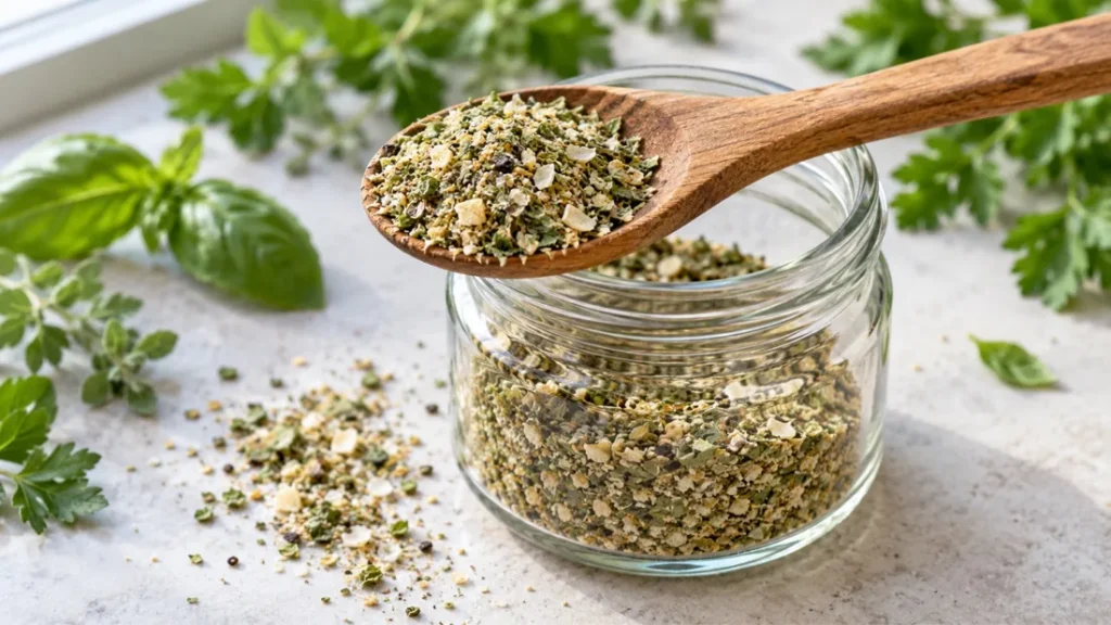 Garden herb vegetable rub in a glass jar with fresh basil, parsley and oregano