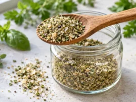 Garden herb vegetable rub in a glass jar with fresh basil, parsley and oregano