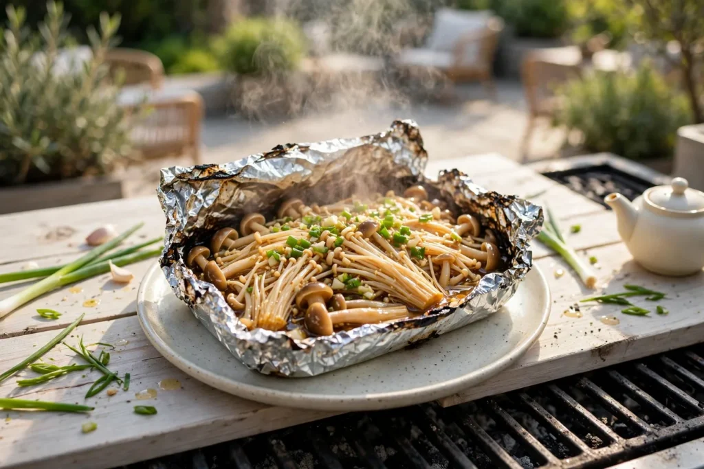 Garlic enoki mushrooms steamed in a foil pack on the grill with scallions.