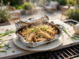 Garlic enoki mushrooms steamed in a foil pack on the grill with scallions.