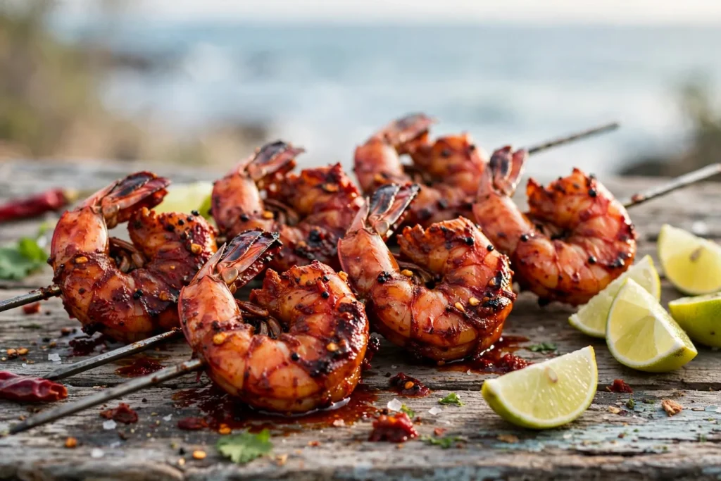 Goan-inspired prawn skewers with red chile-vinegar seasoning and lime.