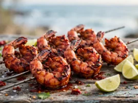 Goan-inspired prawn skewers with red chile-vinegar seasoning and lime.