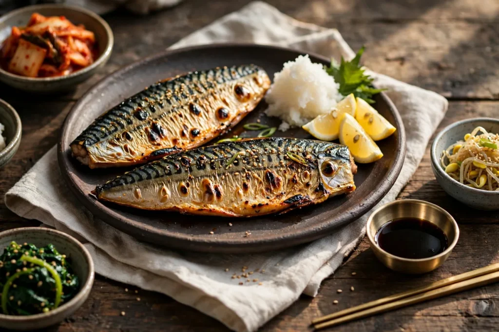 Godeungeo gui, Korean grilled mackerel, with crisp skin and lemon.