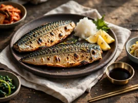 Godeungeo gui, Korean grilled mackerel, with crisp skin and lemon.